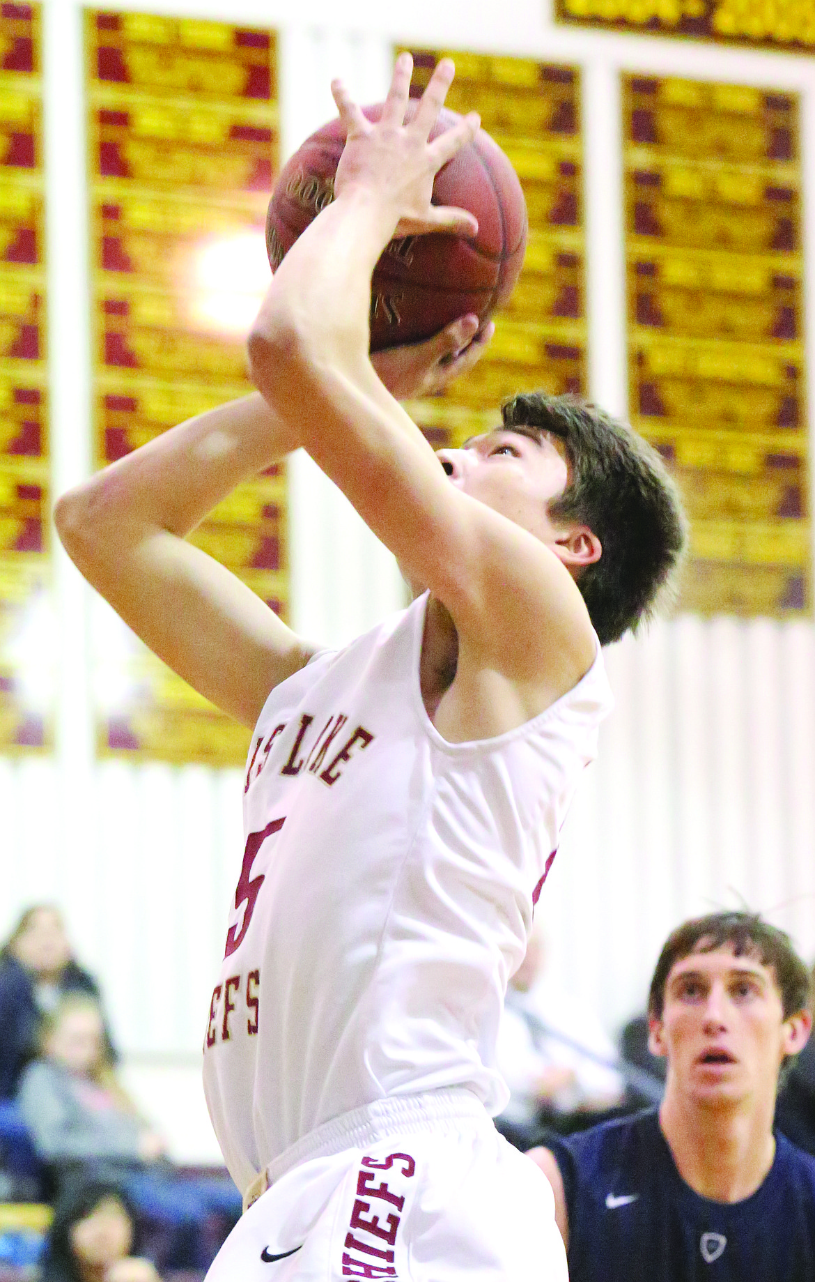 Connor Vanderweyst/Columbia Basin Herald
Moses Lake's Evan McLean puts up a shot against Chiawana.