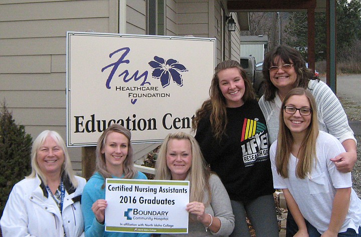 &#151;Courtesy photo
Boundary Community Hospital and North Idaho College announced the graduation of the fall semester Certified Nursing Assistant (CNA) class.  Pictured Left to right: Instructor, Tracey Maas, RN; Rebecca Maas;  Maureen Dammarell; Emma Hovis; Shelley Woodward; and in front: Bayleigh Nielsen. Next semester starts on Jan. 10 and scholarships are available. Application deadline is Dec. 9. For more information, please contact Tracey Maas, RN at tracey.m@bcch.org or call (208) 267-3141 ext 4312.