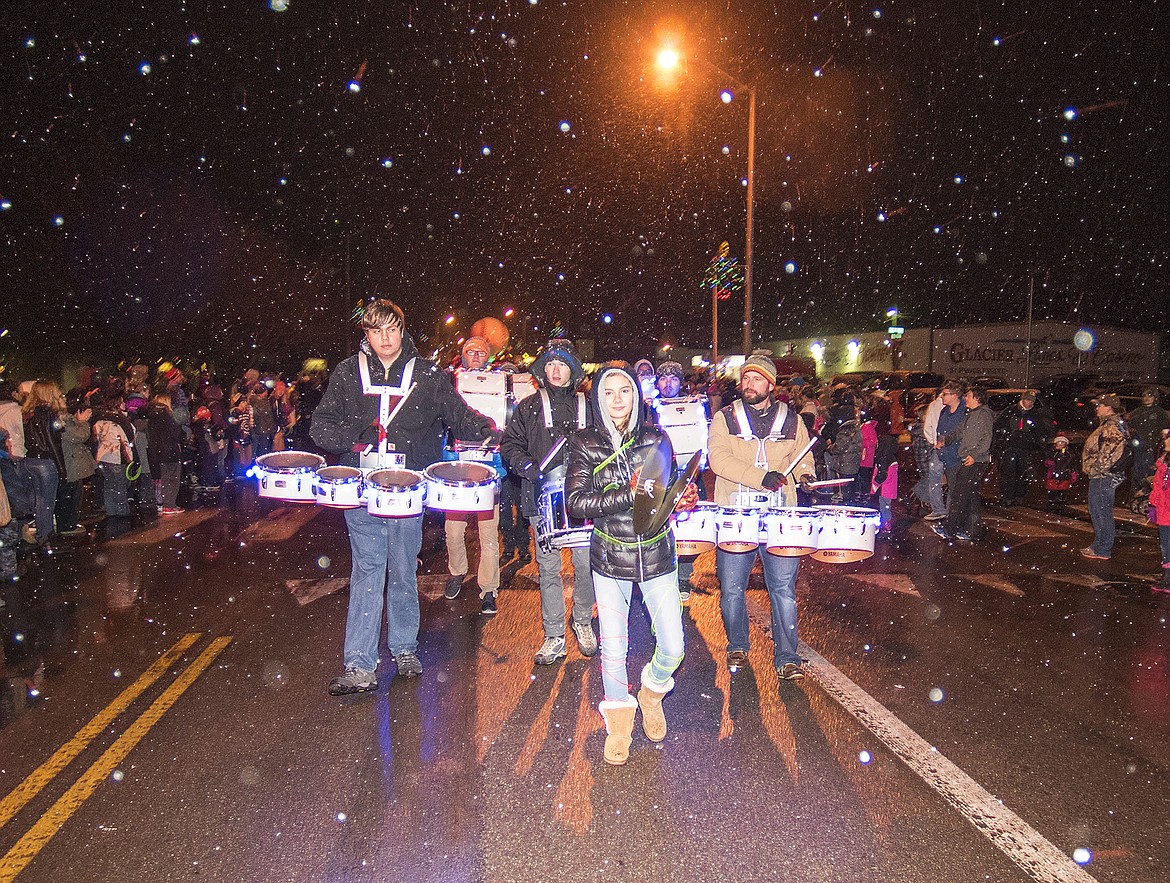 Led by Allie Folks, the Columbia Falls drumline marches in the parade.