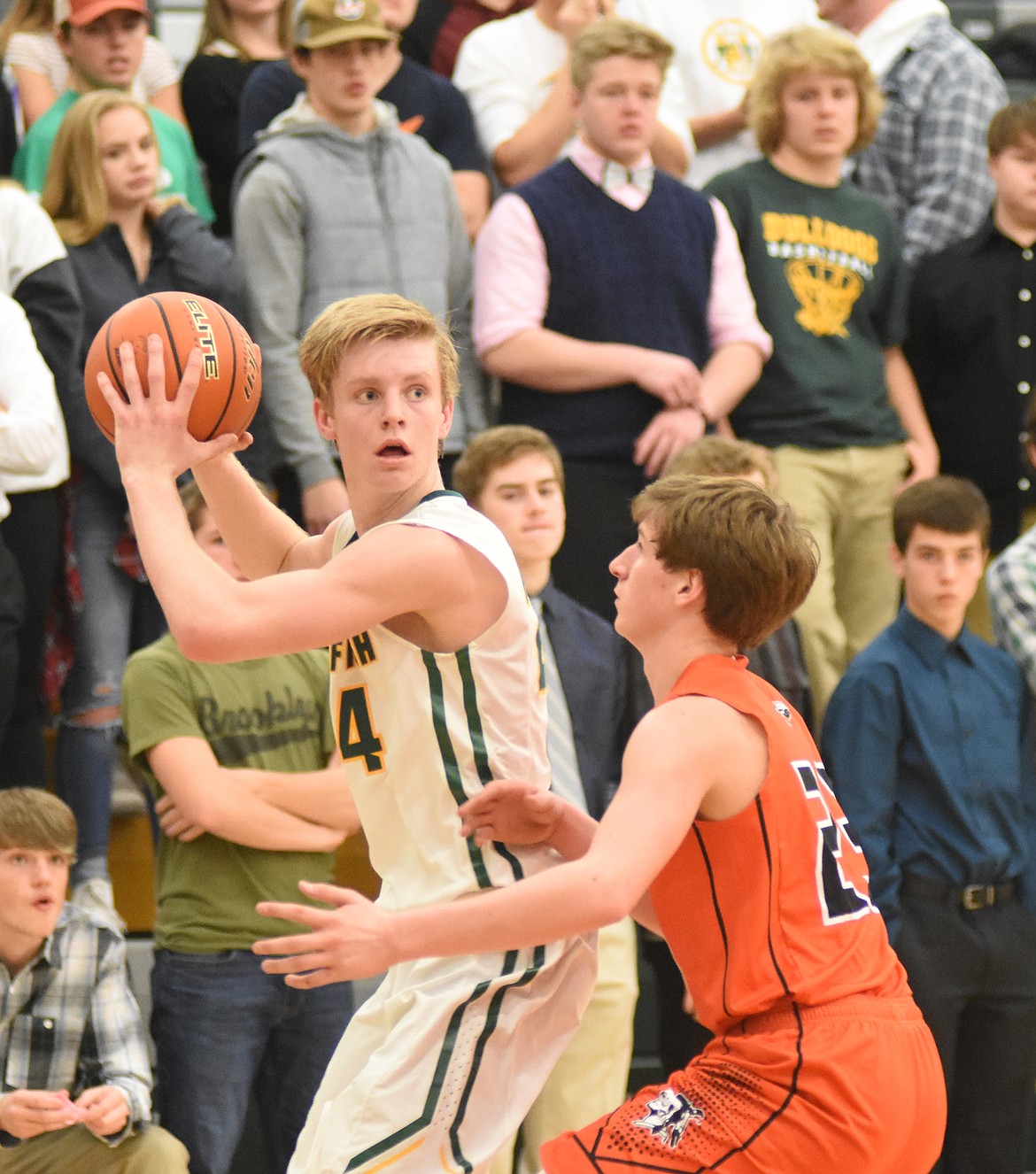 Sawyer Silliker sizes up a Flathead defender during Saturday&#146;s 52-51 loss.