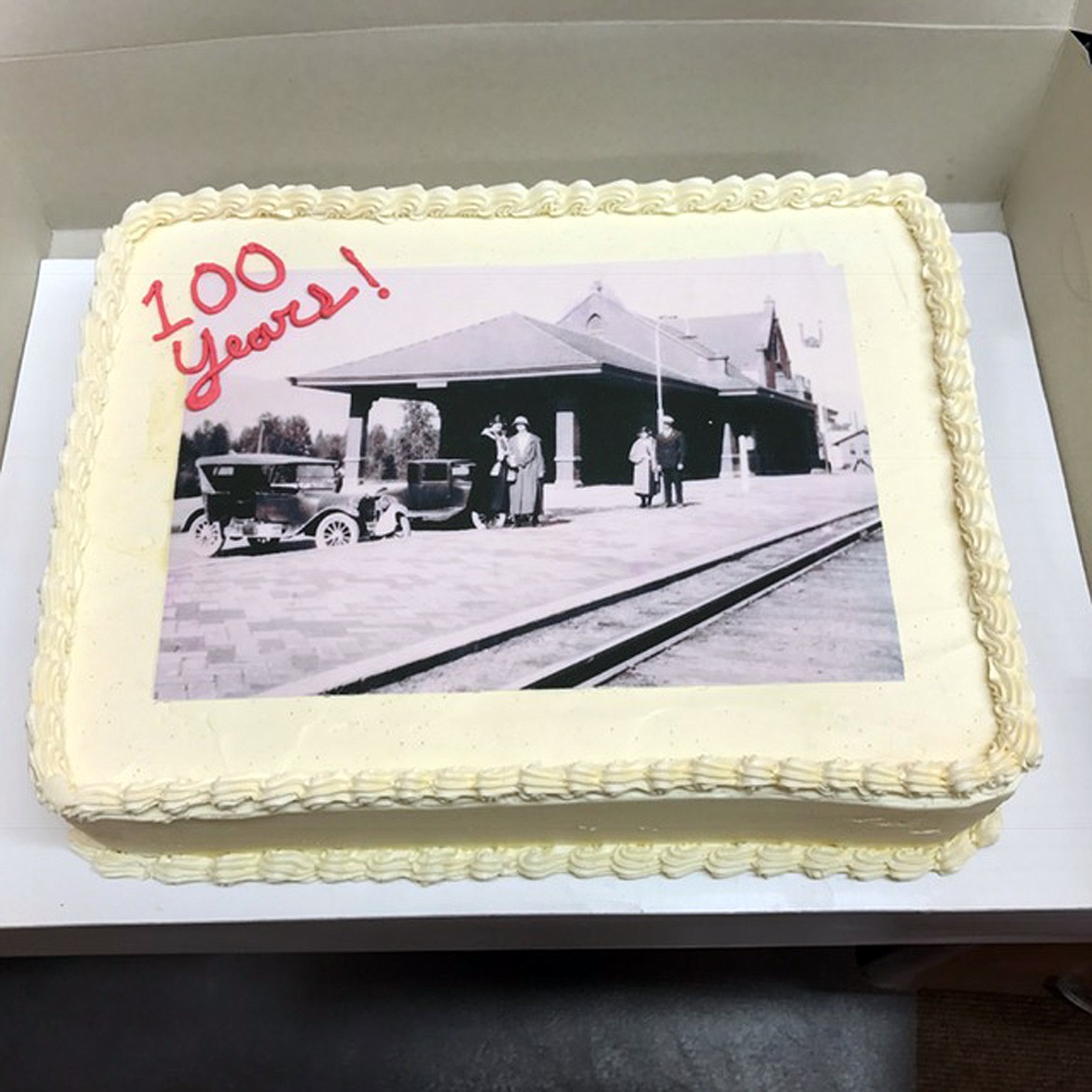 &#151;Courtesy photo
A cake celebrates the 100th birthday of the Amtrak train depot. The event, hosted by Idaho Pour Authority, was a rousing success.