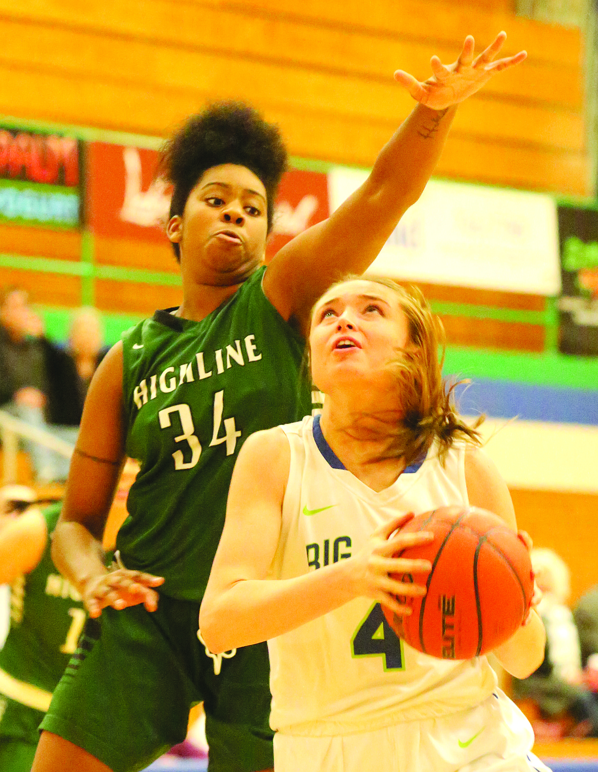 Connor Vanderweyst/Columbia Basin Herald
Big Bend forward Hailey Garrity (4) goes up for a shot against Highline.