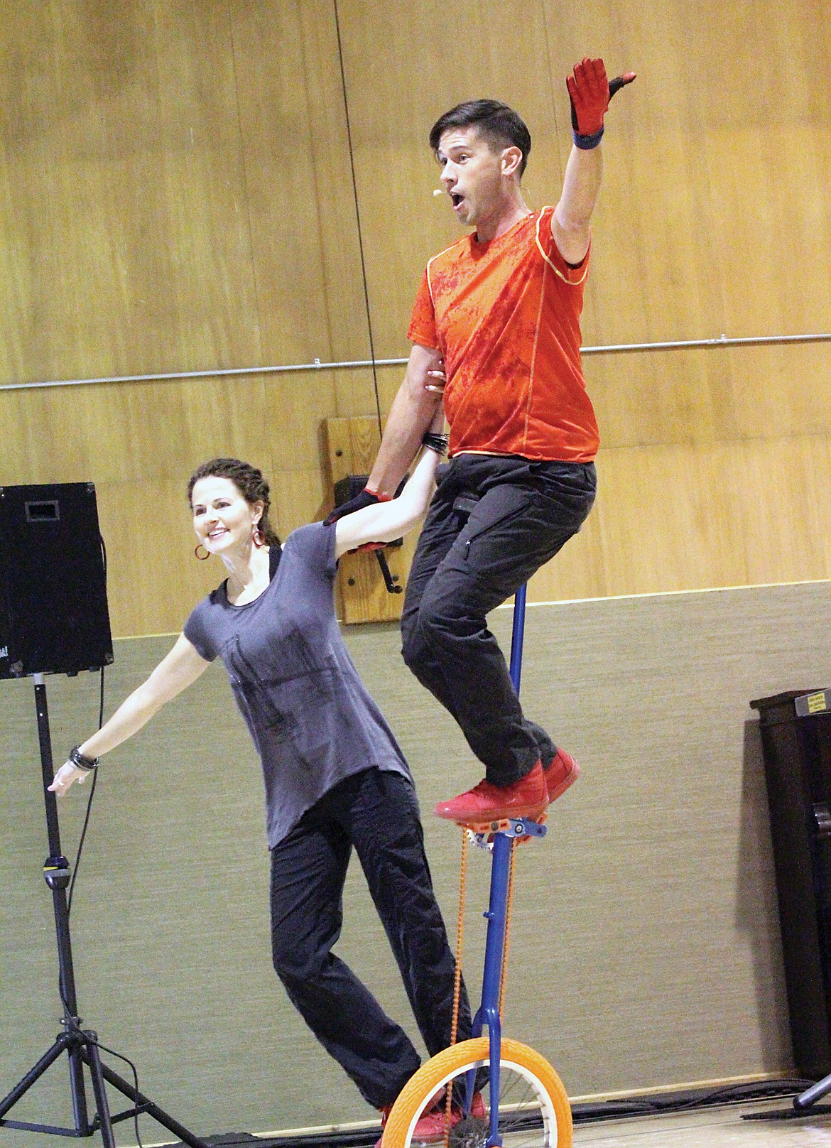 Dustin and Katie Kelm of the traveling UniShow made a stop at the Kootenai Valley Christian School Tuesday. (Paul Sievers/TWN)