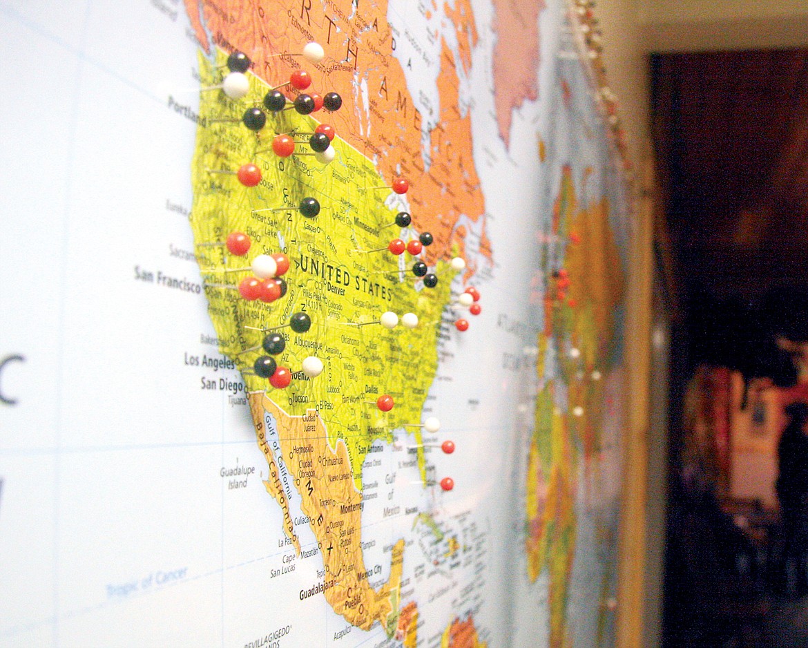 Next to the pool room is a map that&#146;s been hung up for just over a year that contains pins that customers put in from where they&#146;re from. The pins range from the islands of Alaska to Brisbane, Australia. (Bethany Rolfson/TWN)