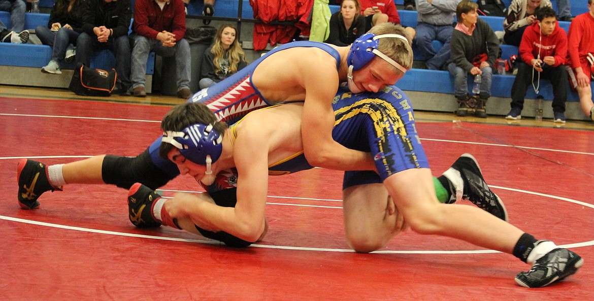 Tyler VanTassel lost to Mission Charlo&#146;s Bailey Wieble at 120 during the Bob Kinney Wrestling Classic in Superior. (Kathleen Woodford/Mineral Independent)
