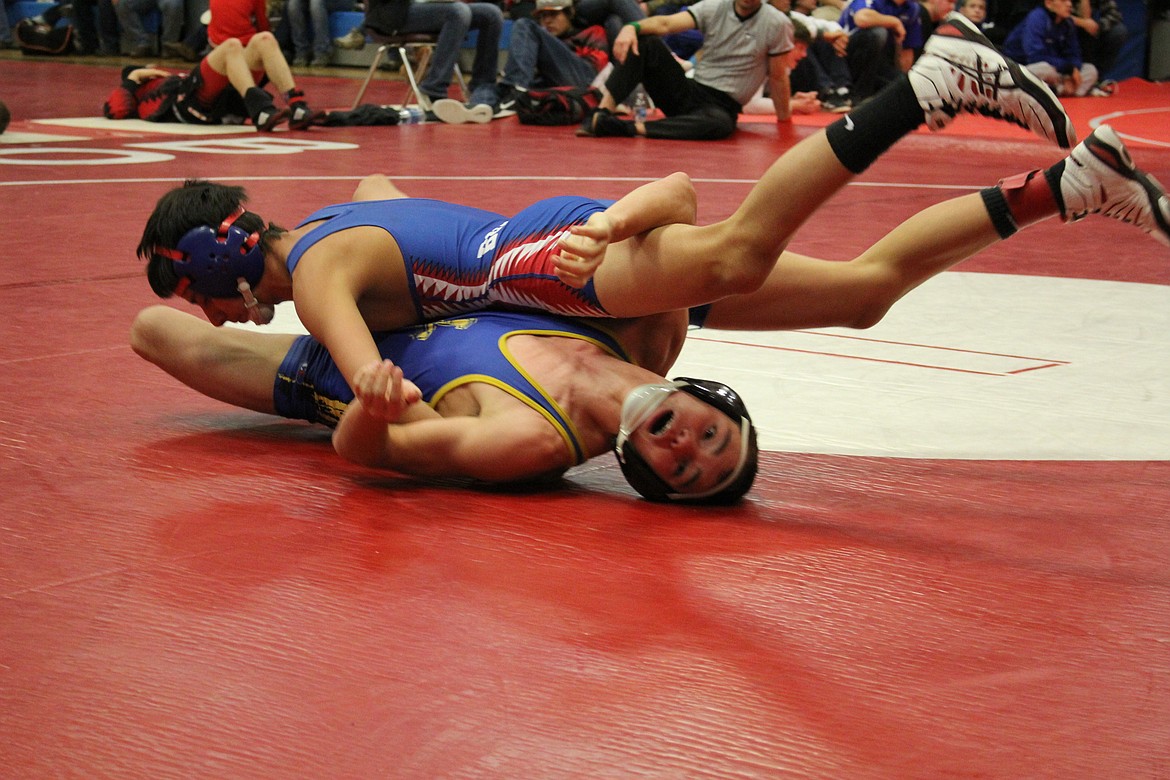 Clark Fork, Michael Parkin came in third place at 113, beating Mason Sams from Libby at the Bob Kinney Wrestling Classic in Superior. (Photo by Kathleen Woodford/Mineral Independent)