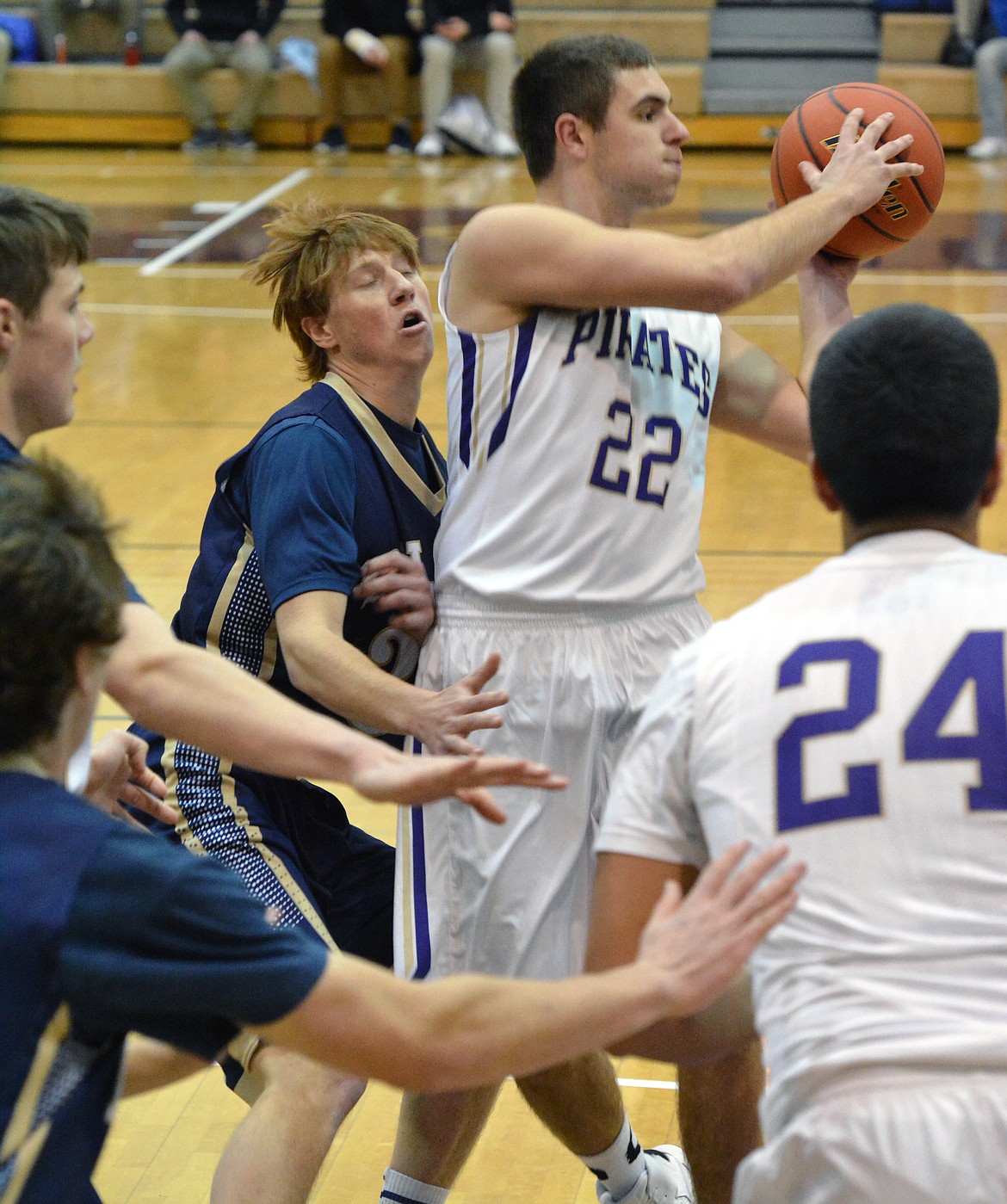 POLSON PIRATE guard Tanner Wilson finds the open man on the perimeter in the season-opening game against Dillon at the Missoula Tip-Off Tournament Friday at the Adam's Center. (Jason Blasco/Lake County Leader)