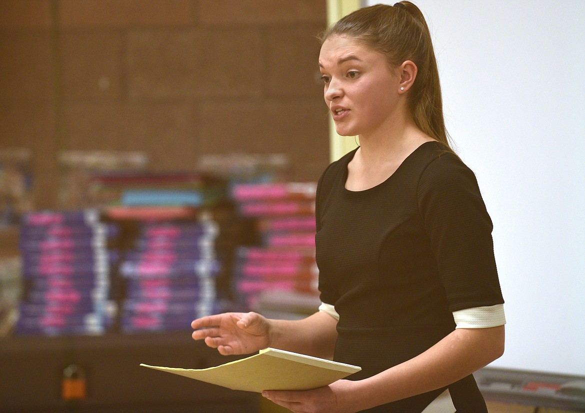 Flathead High School&#146;s Sierra Dilworth makes a point during the semifinals of the Lincoln-Douglas Debate of the Western Regional Speech and Debate Tournament at Glacier High School on Saturday.