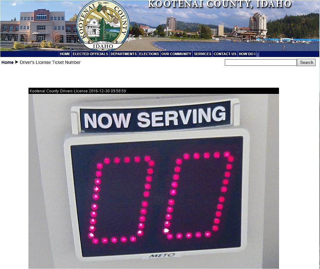 People can now use mobile devices to remotely monitor the ticket counter at Kootenai County&#146;s driver licensing office. This screenshot of the county&#146;s &#147;Driver License Ticket Number&#148; webpage shows no one was waiting late Friday afternoon.