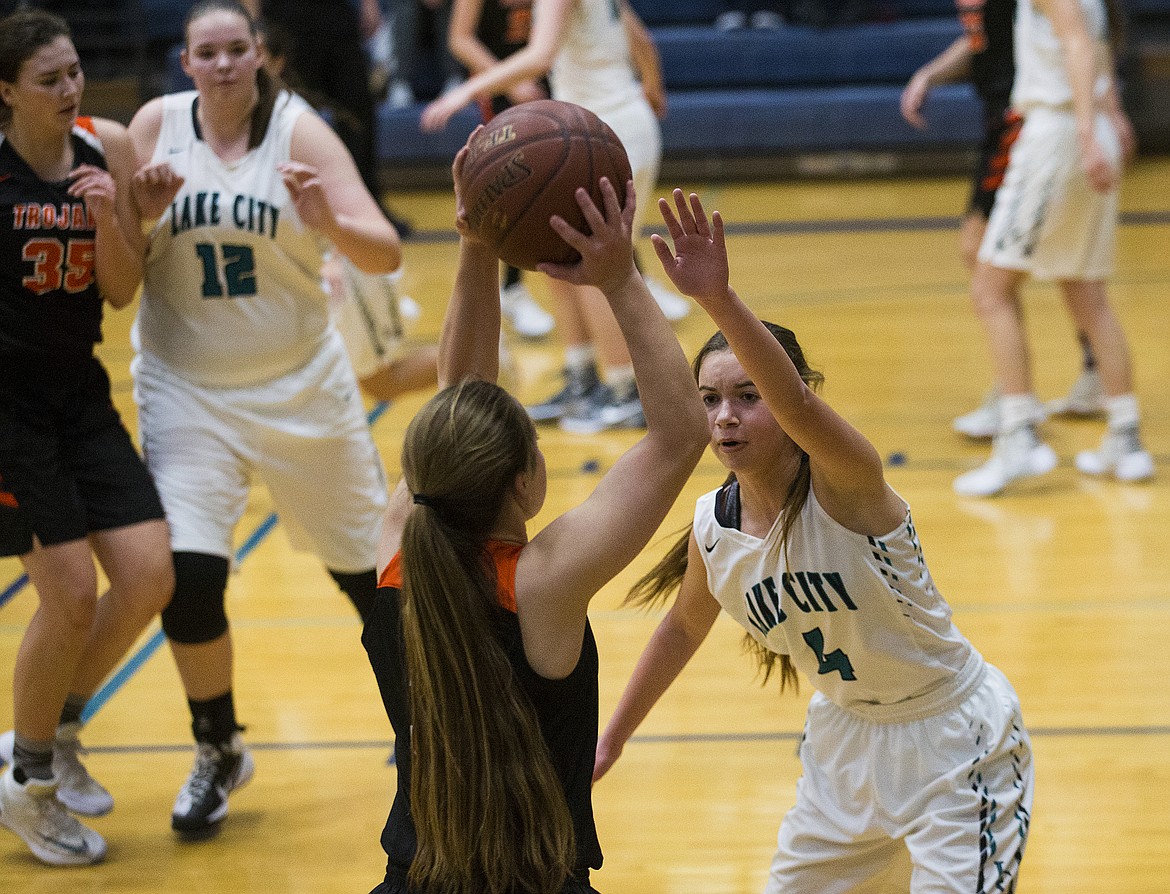 LOREN BENOIT/Press

Lake City&#146;s Kelsey Vershum applies pressure during Thursday&#146;s game at Lake City High School.