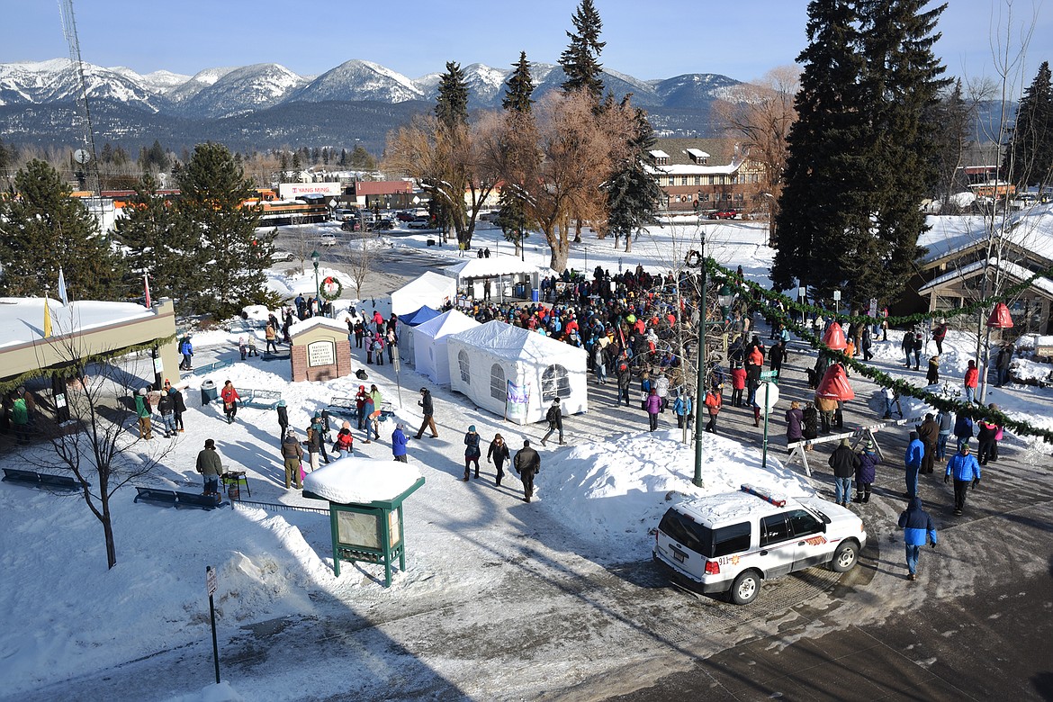 View of the Love Not Hate event in downtown Whitefish on Saturday afternoon, January 7, from the roof of the Great Northern Brewing Company.(Brenda Ahearn/Daily Inter Lake)