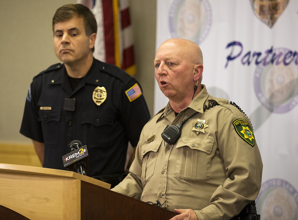 LOREN BENOIT/Press file 
Kootenai County Sheriff Ben Wolfinger, right, and Post Falls police Chief Scot Haug answer questions during a press conference held in October after Bo Kirk&#146;s body was found in the Hayden Creek area of the Coeur d&#146;Alene National Forest.