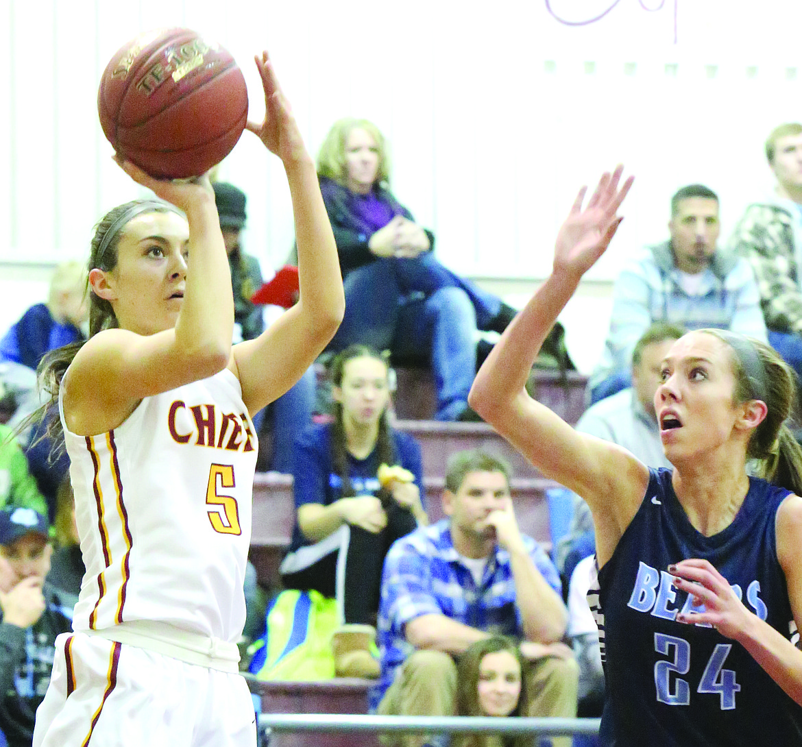 Connor Vanderweyst/Columbia Basin Herald
Moses Lake guard Jamie Loera pulls up for a shot in front of Central Valley&#146;s Lacie Hull.