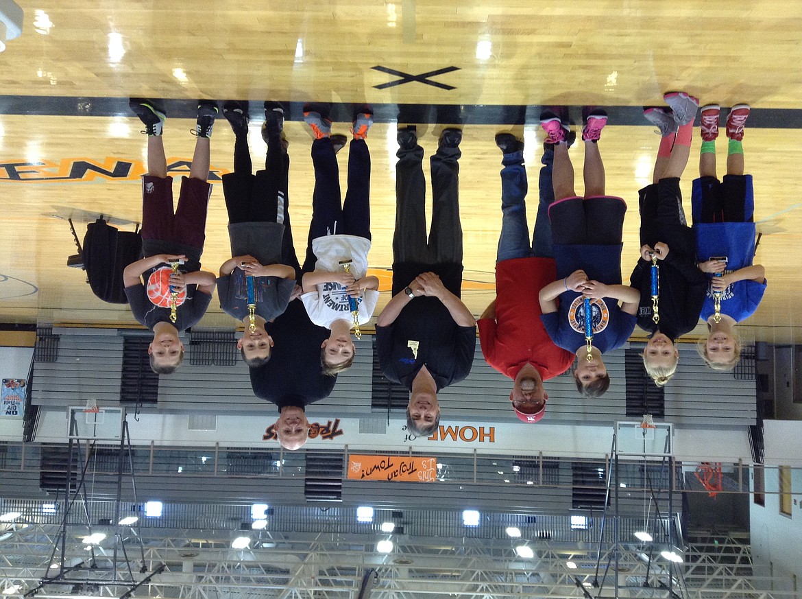 Courtesy photo
Pictured are the top finishers in the 8-9 year-old age group at the recent Coeur d&#146;Alene Elks 2017 Hoop Shoot. In the front row from left, girls third place finisher Malia Miller, second place Karisa Wallis and champion Laythia Warner, boys champion Jace Taylor, second place Cody Trost and third place Brock Carpenter; and back row from left, Coeur d&#146;Alene Hoop Shoot Director Rick Alexander, Idaho Elks President Steve Meier and Coeur d&#146;Alene Elks President Jerry Adamson.