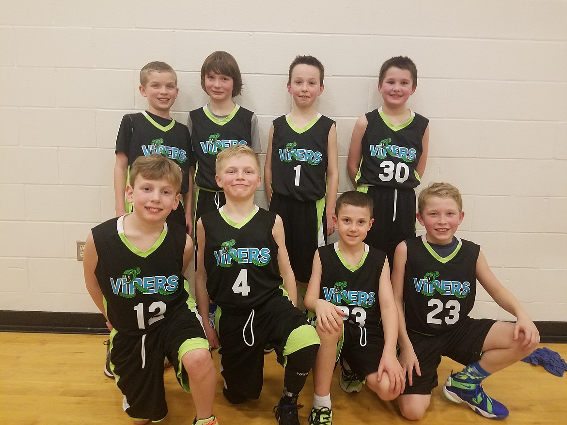 Courtesy photo
The Coeur d&#146;Alene Vipers took first place in the River City fourth-grade boys basketball league. The Vipers went 7-0 during the season. In the front row from left are Boston Shull, Tyler Voorhees, Logan Anderson and Zane Willingham; and back row from left, Cameron Hildreth, Ben Hannigan-Luther, Braden Meredith and Kyle Johnson. Not pictured are coach Anderson, coach Hildreth and coach Voorhees.