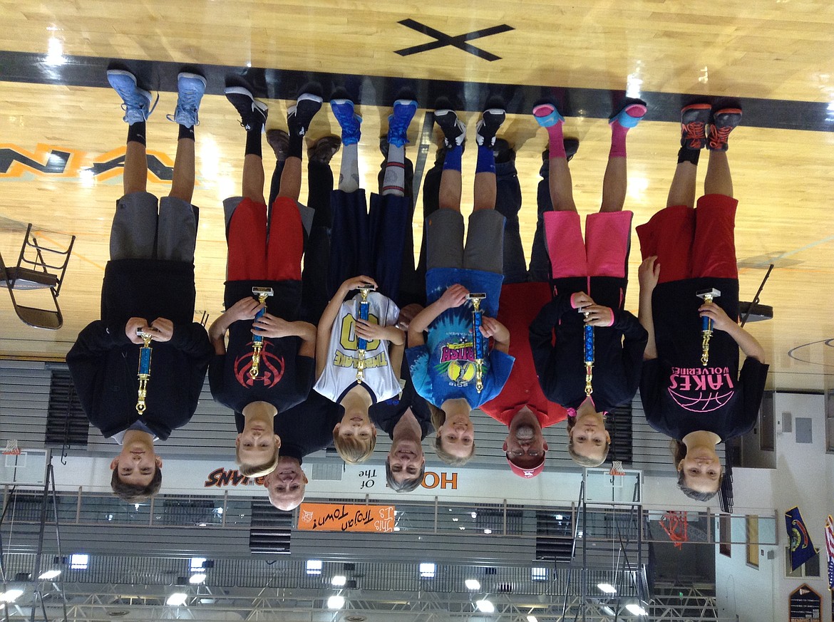 Courtesy photo
Pictured are the top finishers at the 2017 Coeur d&#146;Alene Hoop Shoot 12-13 age group. In the front row from left, girls third-place finisher Sophia Munoz, second place Alexis Heath and champion Alexis Blankenship, boys champion Taylor Menti, second place Zachary Endreson and third place Wyatt Howard; and back row from left, Coeur d&#146;Alene Hoop Shoot Director Rick Alexander, Idaho Elks President Steve Meier and Coeur d&#146;Alene Elks President Jerry Adamson.