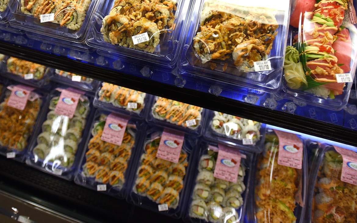 Sushi display case at Smith's in Kalispell, fully stocked and ready for the lunch rush on Monday, January 9, in Kalispell.(Brenda Ahearn/Daily Inter Lake)