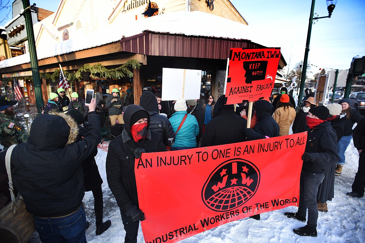 Organizations gathering in response to a proposed Neo-Nazi armed march lined the intersection of Second Street and Central Avenue in downtown Whitefish on Monday afternoon. Groups traveled from as far as Missoula and Spokane, Washington, to stand in support of Whitefish residents recently targeted by hate groups.