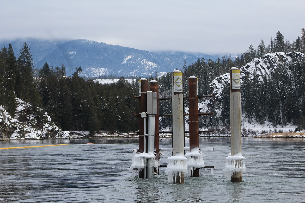 Photo by STAR SILVA
A yellow line of Burlington Northern Santa Fe boom can be seen to the left of the Twin Rivers Sturgeon and Burbot Hatchery&#146;s water intake situated in the Kootenai River. First responders were trained to deploy the BNSF boom equipment to protect this intake from any potential floating contaminants. The intake draws water from the river and feeds it into a holding tank inside of the hatchery in order to provide the burbot and sturgeon with fresh river water that is critical to their survival.