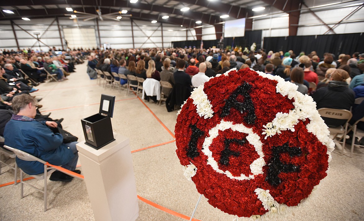 An overview of the funeral for Ben Parsons on Thursday afternoon, January 12, at the Northwest Montana Fairgrounds. It is estimated that around 1200 people attended the funeral.(Brenda Ahearn/Daily Inter Lake)