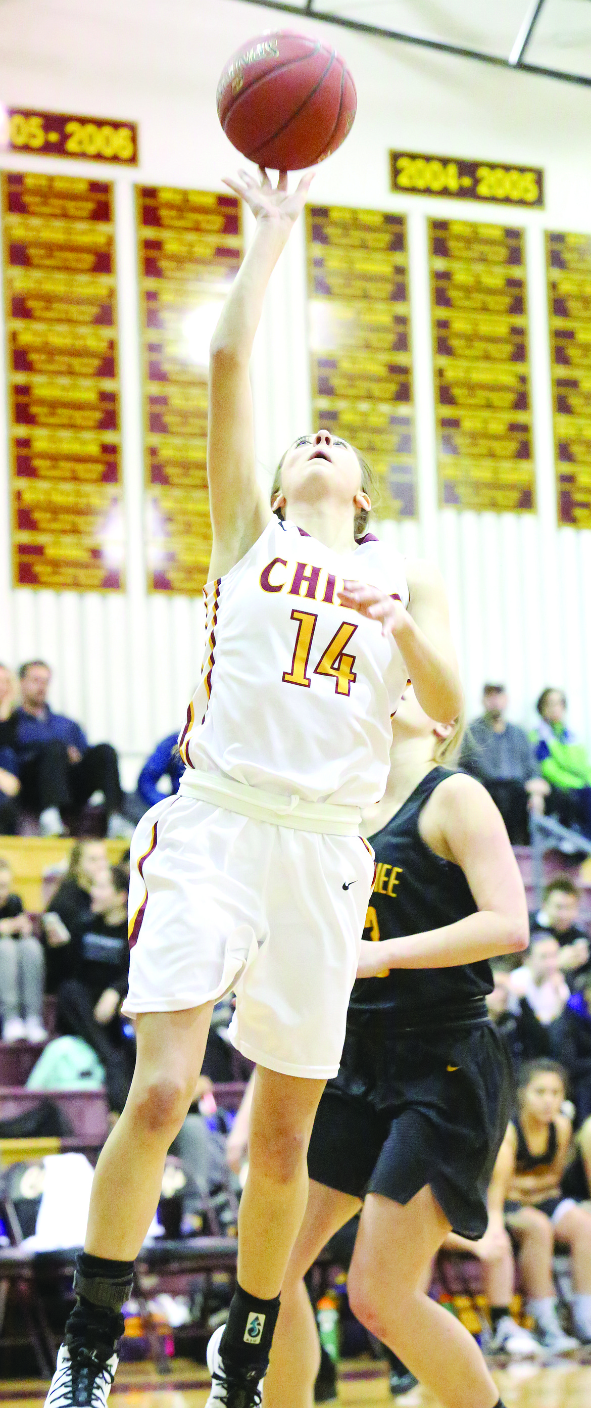 Connor Vanderweyst/Columbia Basin Herald
Moses Lake's Maggie Strom jumps for a lay-up against Wenatchee.