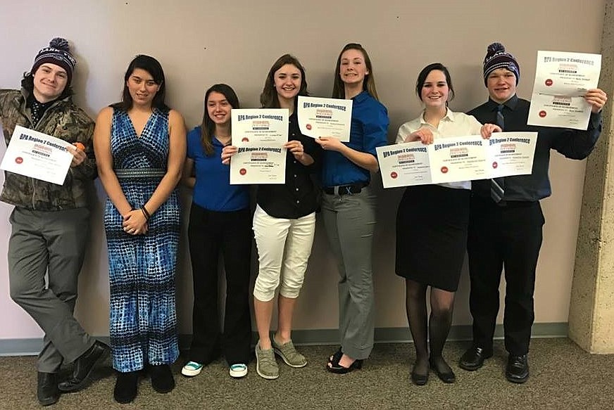 Several members of Alberton&#146;s BPA team will be traveling to State and compete to test their skills in a variety of business areas and problem solving skills. Left to right: Isaac Warren, Kenneshia McComb, Bethany Shaske, Kristina Solinger, Montanna Baughman, Mackenzie Spence, Nick Turnbull. (Photo courtesy of Alberton BPA).