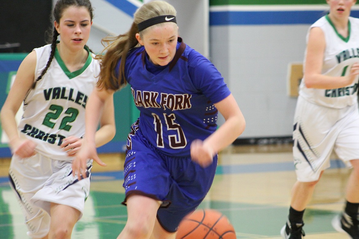 Clark Fork Cat Junior Hailey Kelly, makes a break from the Eagles during Friday&#146;s game at Valley Christian in Missoula. Cats won 55-18. (Kathleen Woodford/Mineral Independent)