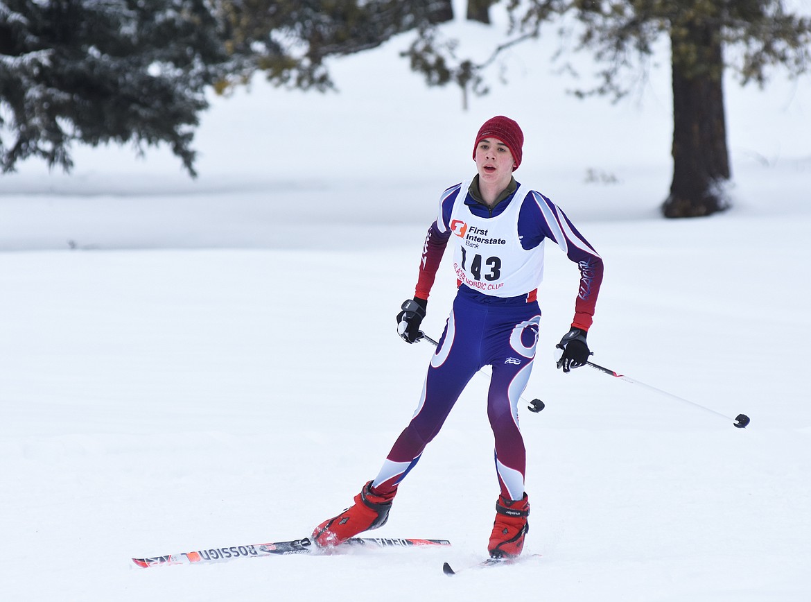 Barret Garcia races the 3K skate during the Glacier Glide on Sunday. (Daniel McKay photos / Whitefish Pilot)