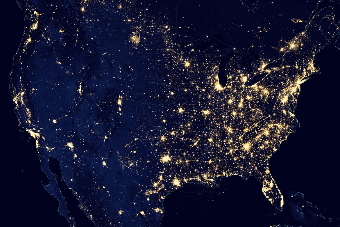 NASA Earth Observatory images by Robert Simmon and Jesse Allen
This image of the city lights of the U.S. at night is a composite assembled from data acquired by the Suomi NPP satellite in April and October 2012.