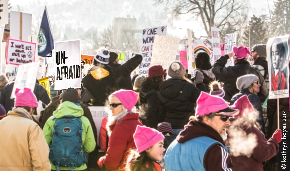 Many participants of the Saturday march in Helena donned pink hats in solidarity with other marchers across the country. (Photo by Kathryn Hayes)