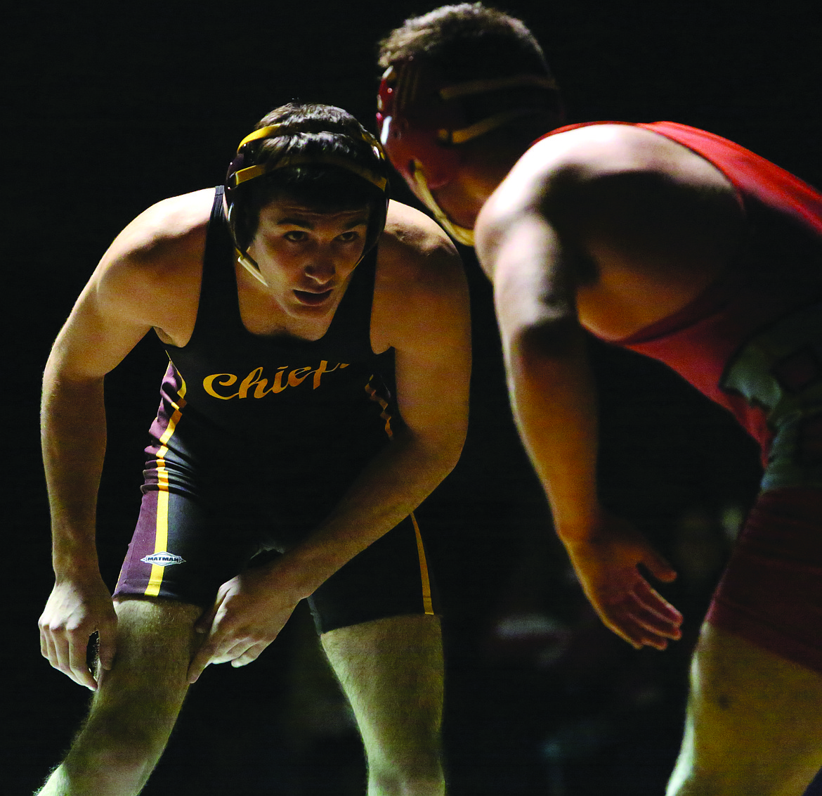 Connor Vanderweyst/Columbia Basin Herald
Moses Lake senior Adrian Suarez sizes up opponent Cesar Mendoza.