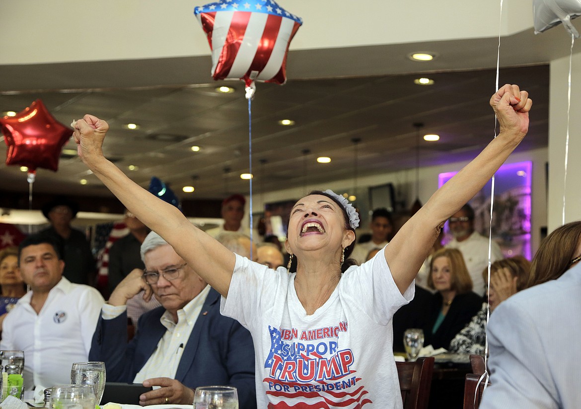 Julia del Rio cheers as she watches a televised broadcast of the presidential inauguration of Donald Trump, Friday, Jan. 20, 2017, during a watch party organized by Hispanas for Trump, in Miami. (AP Photo/Lynne Sladky)