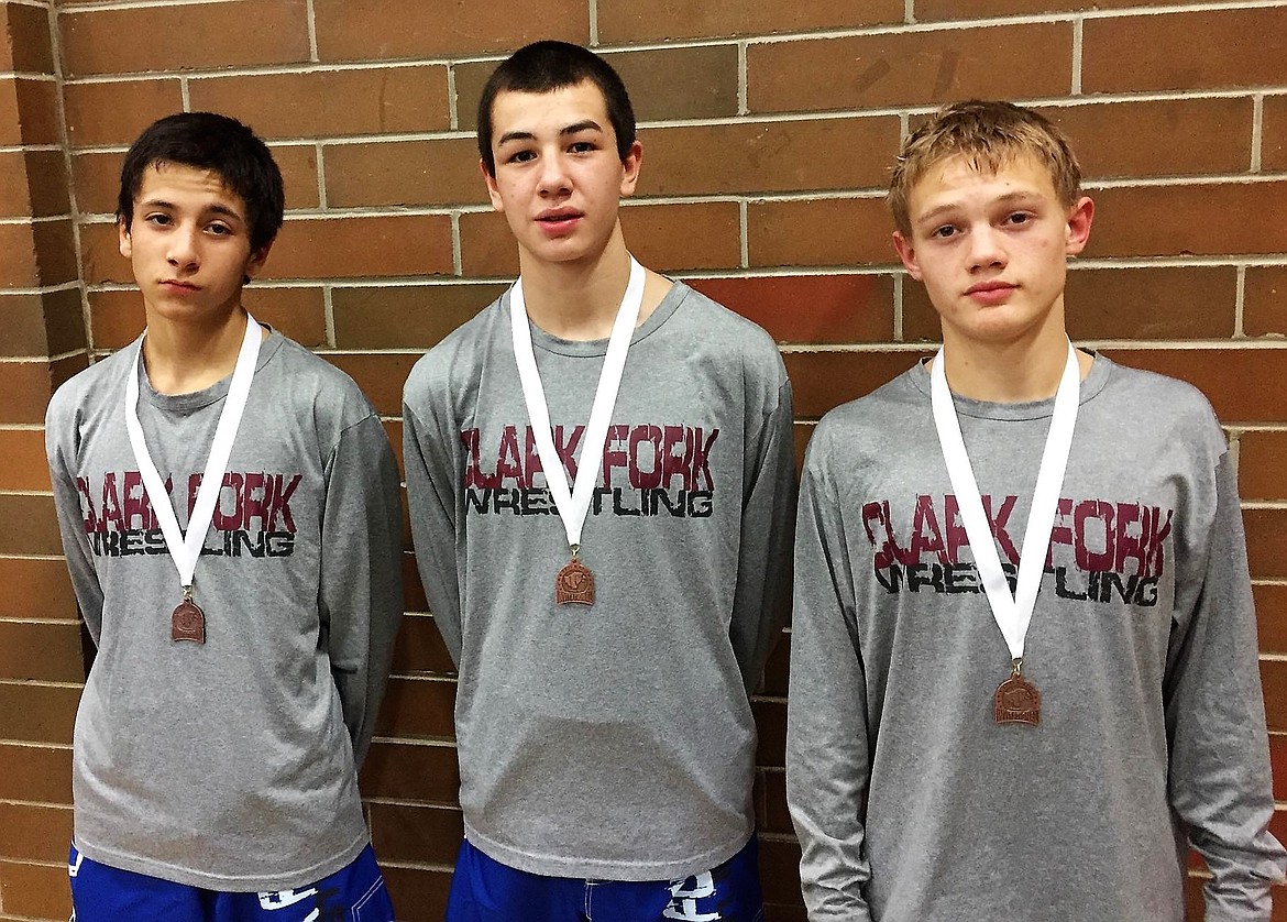 Michael Parkin, Isaiah Kovalsky, and Tyler Van Tassel all placed third during the Ted Kato Invitational in Thompson Falls on Saturday, Jan. 21. (Photo by Logan Labbe)