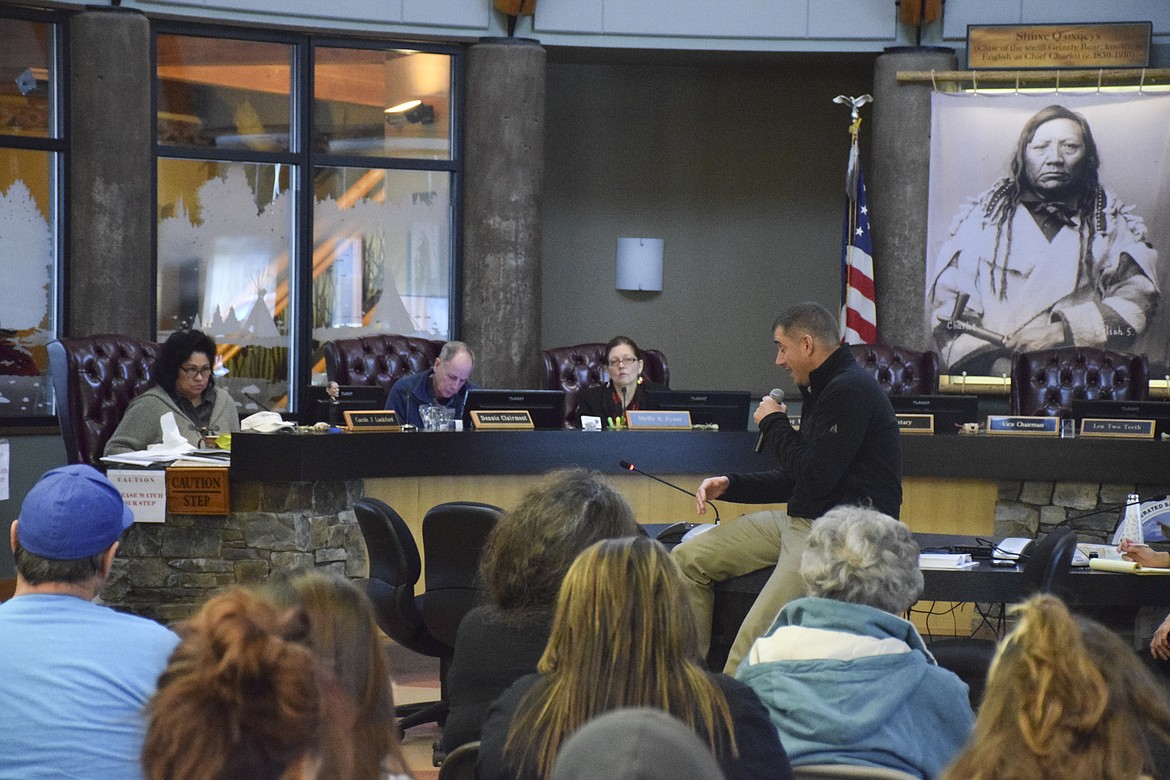 Ryan Rusche of the Confederated Salish and Kootenai Tribes&#146; legal department addressed councilmember son the implications of a withdrawal from Public Law 280 during a public hearing on Jan. 18. (Brett Berntsen/Lake County Leader)