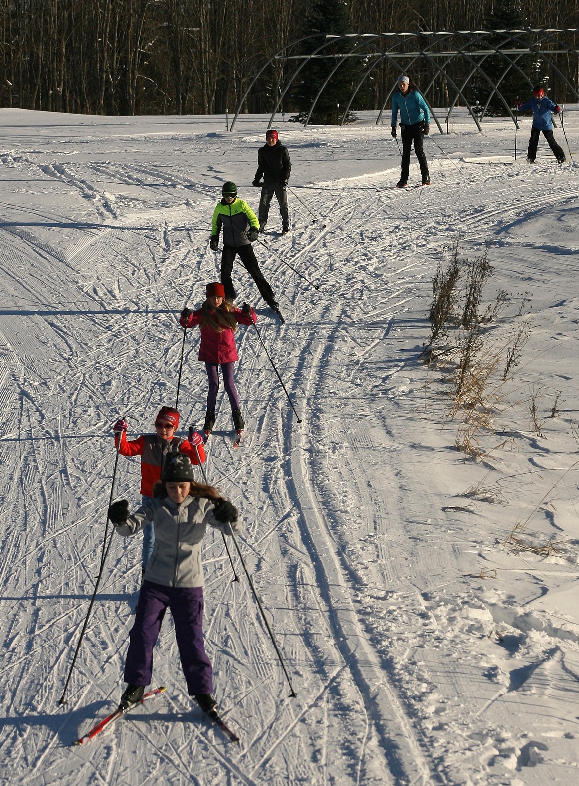 (Photo by ERIC PLUMMER)
Members of the popular Youth Ski League enjoy the 4K cross country skiing track at the University of Idaho property on Boyer. The track, groomed daily, is getting a ton of winter usage.