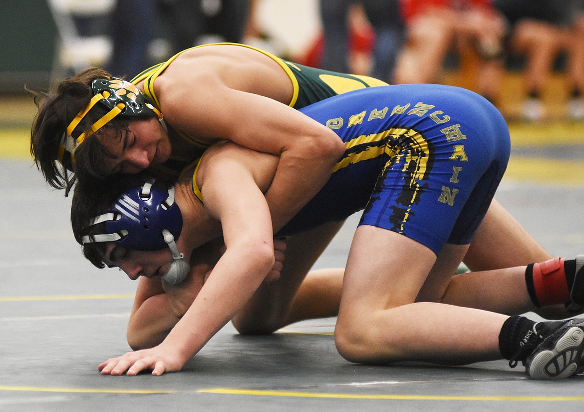 Eli Taylor wrestles Libby&#146;s Trey Thompson during the Whitefish Duals on Friday. (Daniel McKay/Whitefish Pilot)