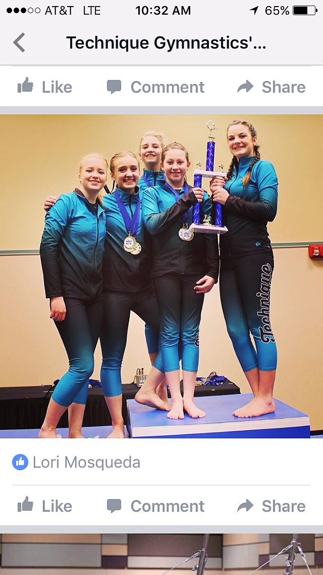 Courtesy photo
The Technique Gymnastics Xcel Gold team brought home the first-place team trophy from the Rod Ostboe Memorial Gymnastics Meet in Kennewick, Wash., Jan. 28-29. From left are Natalie Brett, Ana Pearse, Rylee Strobel, Moriah Mosqueda and Karsyn Crawford.