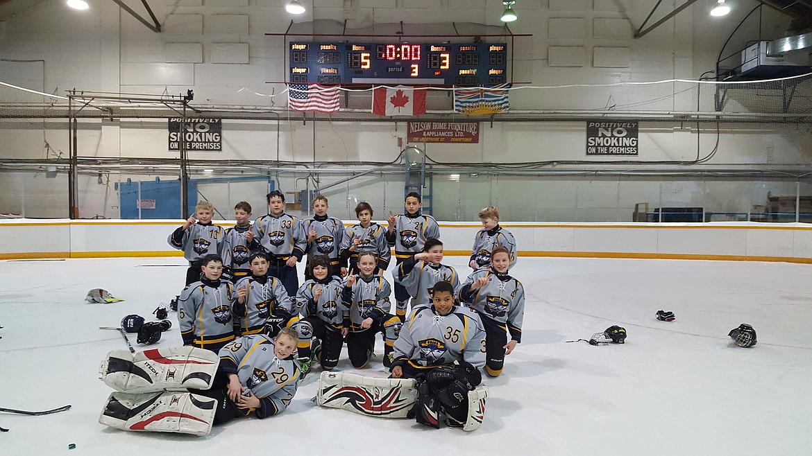 Courtesy photo
The Coeur d&#146;Alene Thunder Peewee select team beat Cranbrook 5-3 to win the championship game in the Nelson Peewee Tournament in Nelson, British Columbia, on Jan. 29. In the front, from left, are goalies Cole Andres and Zane Hill; second row from left, Alex Butler, Calvin Coppess, Cody Morse, Joey Vaughan, Austin Wall and Eli Bailey; and back row from left, Logan Nagle, Reese Scott, Trevor Bennett, Thomas Calder, Fostin Woolsey, Wayne Queen and Quinlin Schell.