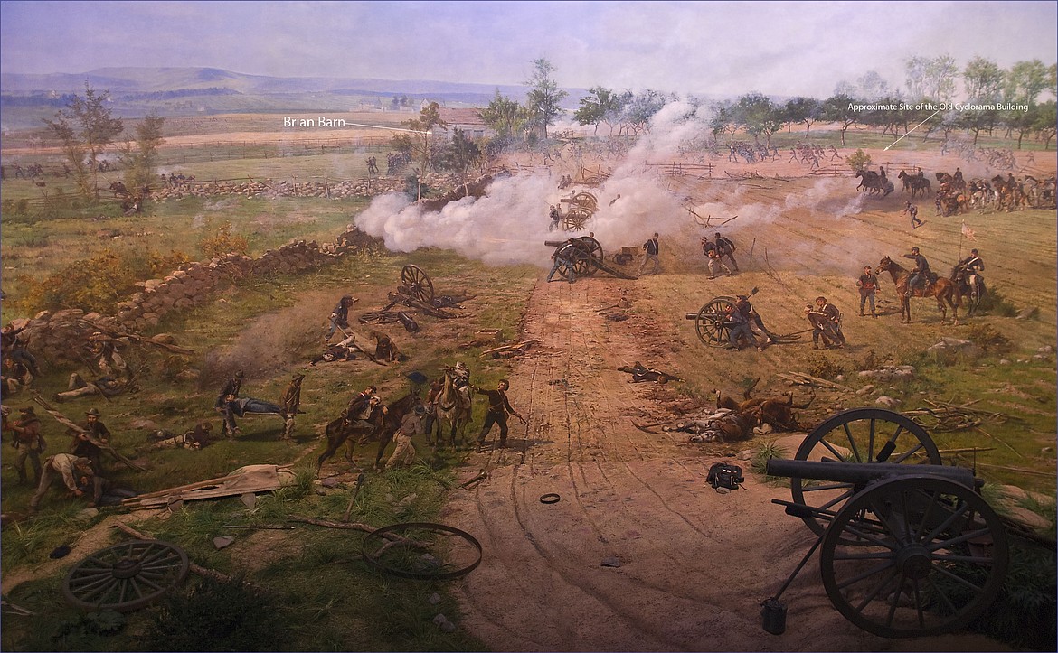 WIKIMEDIA COMMONS
Cemetery Hill at Gettysburg where General O.O. Howard&#146;s Union troops suffered 3,801 casualties, shown in this painting by French artist Paul Philippoteaux depicting &#147;Pickett&#146;s Charge,&#148; the climactic Confederate attack on the Union forces on July 3, 1863.