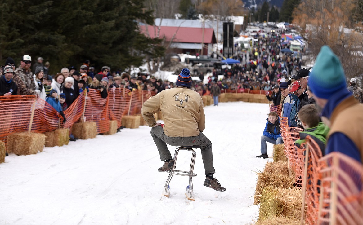 A BARSTOOL racer closes in on the finish line during Cabin Fever Days in Martin City in 2016. (Aaric Bryan/This Week in the Flathead)