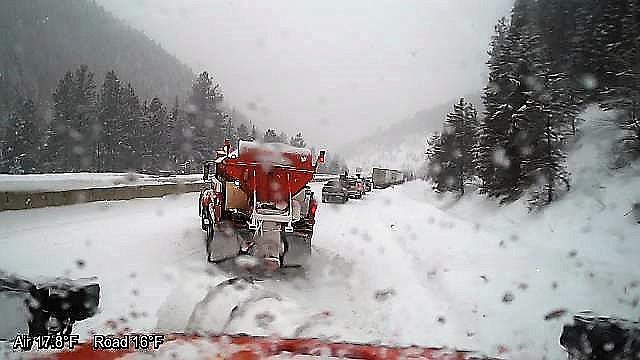 Several accidents involving trucks were reported over the weekend as severe weather conditions pounded I-90 near Lookout Pass. (Photo courtesy of the Montana Department of Transportation).