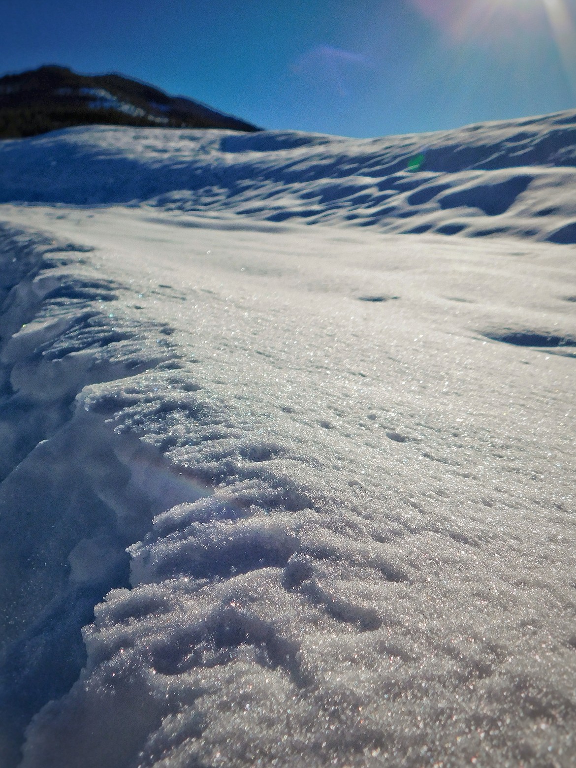 Remember that shimmery crystallized snow is pretty, but makes an unstable base for new snow and helps to create avalanche conditions. This photo was taken the day before our last snowstorm which provided lots of heavy snow.
