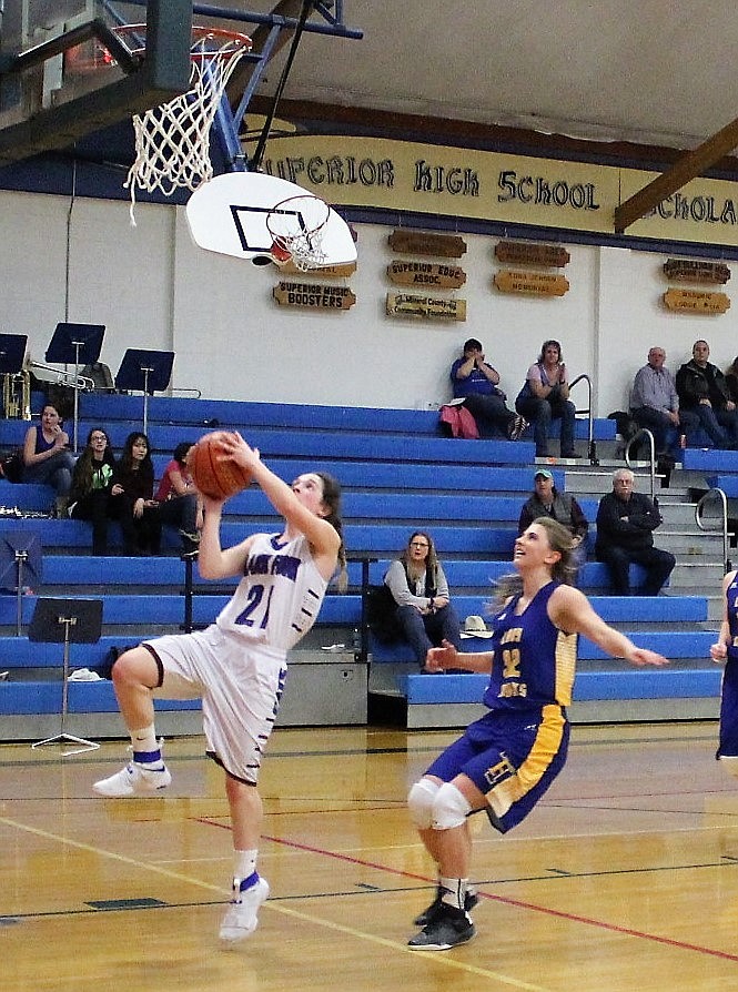 Clark Fork Mountain Cat Madison Mask shoots for the score against Lady Bluehawks during Thursday’s game in Superior. Cats lost 50-28.