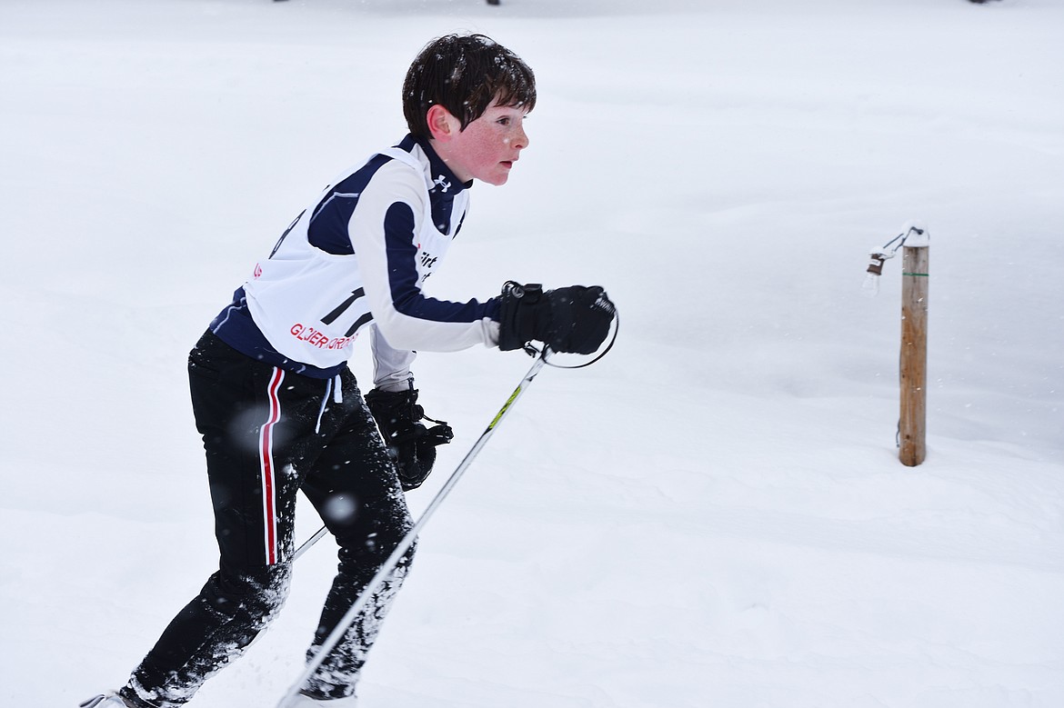 Enzo Sarraille skis in the 4K race Sunday during the Carnival Classic race at Whitefish Lake Golf Club. (Sandy Gray photo)