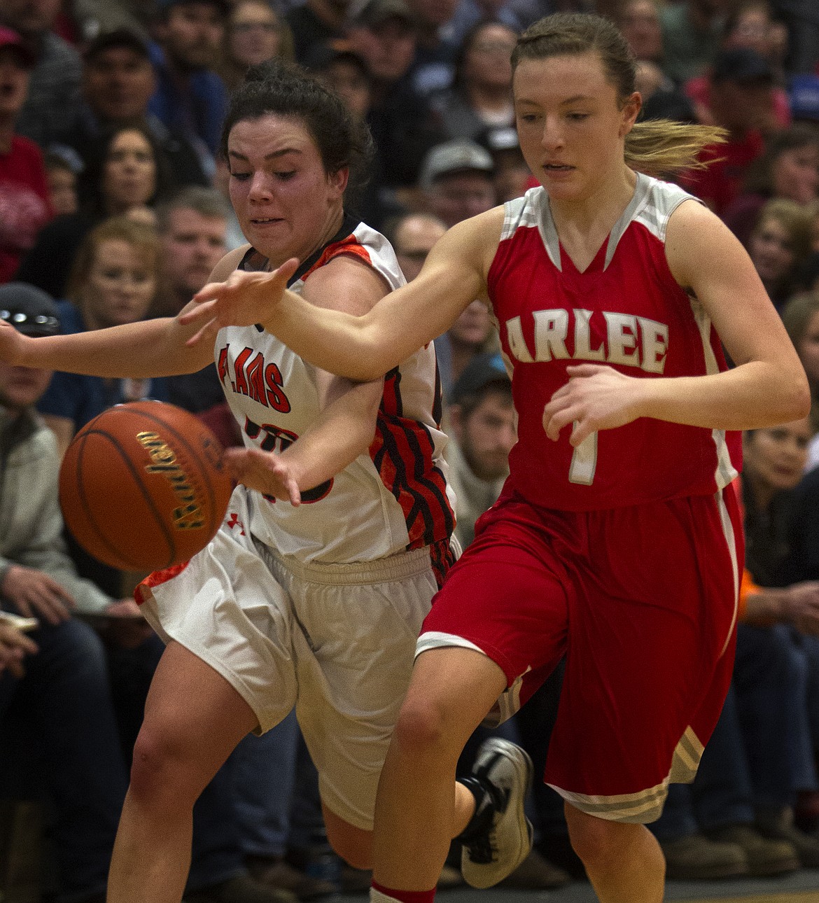 TROTTERS SOPHOMORE Haley Josephson (20) steals the ball from Arlee&#146;s Noelle West (1) during Friday&#146;s game in Plains. Plains fell to Arlee in the contest, 44-36. (Jeremy Weber/Clark Fork Valley Press)