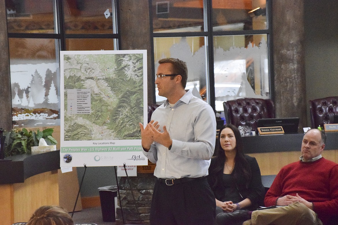 Chris Anderson of engineering firm of DJ &amp; A discusses plans for a pedestrian pathway between Missoula and St. Ignatius as a public hearing in Pablo on Jan. 25.