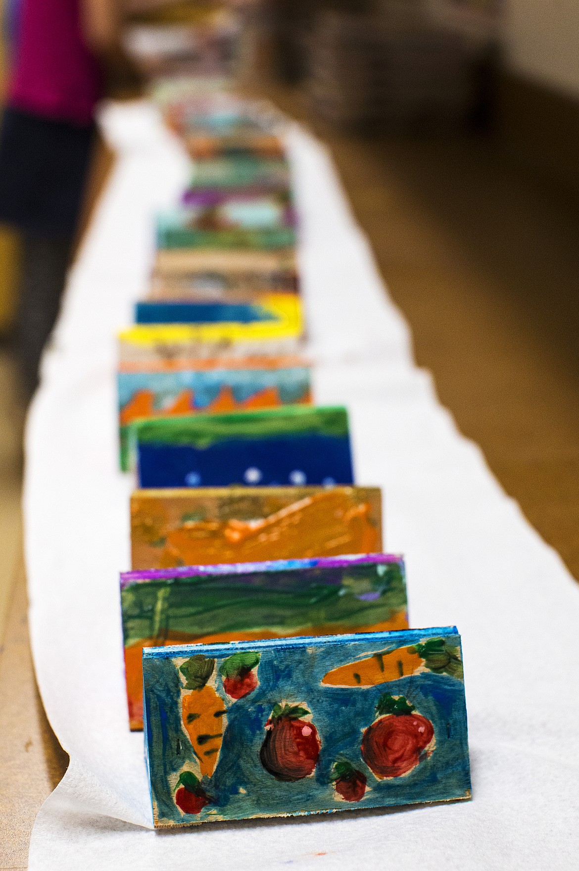 Decorated wood blocks line a class counter Thursday morning at Sorensen Magnet School.