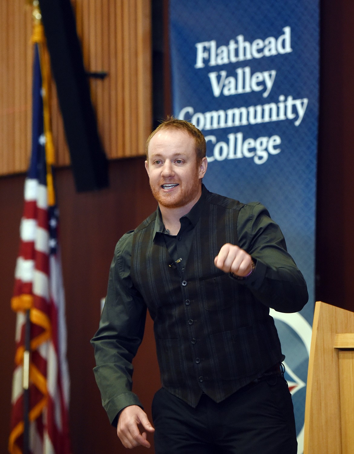 Garret Garrels giving the keynote speech at the kickoff to the Flathead Valley Community College 50th Anniversary celebration on Thursday, February 2.&#160;(Brenda Ahearn/Daily Inter Lake)