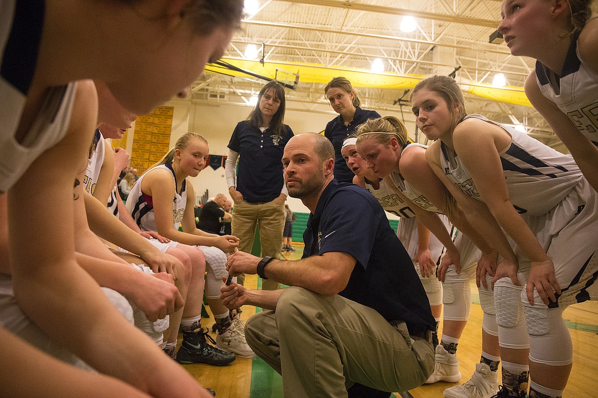 LOREN BENOIT/Press
Timberlake Head Coach Matt Miller addresses his team during a timeout in the 3A District 1 Championship game against Bonners Ferry last Friday at Lakeland High School.