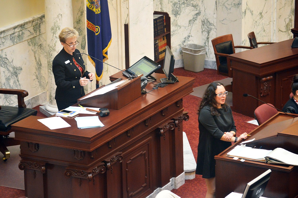 (Dave Goins/Idaho News Service)
In the absence of Idaho Lt. Gov. Brad Little, state Sen. Shawn Keough, left, R-Sandpoint, presided during a session of the Idaho Senate in Boise on Friday. On a personal note, Keough announced the presence of her husband in the Senate gallery. &quot;I'd like to recognize my sweetheart and partner in life, Mike Keough,&quot; she said.